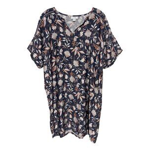 Pure Jill V Neck Shift Mini Dress Womens Size S Navy Blue Floral Short Sleeves